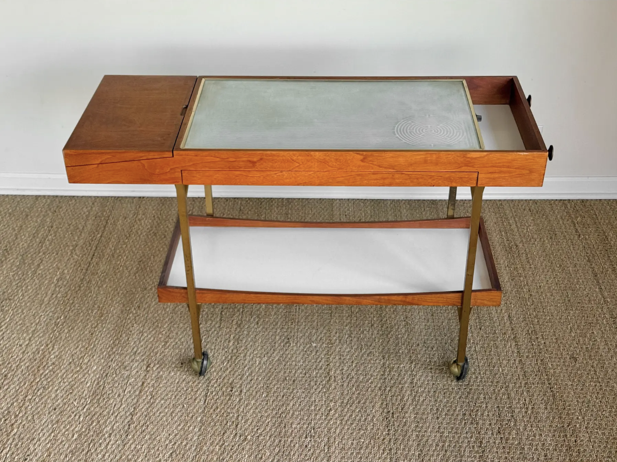 1996 Walnut and Brass Rolling Hot Tray Paul McCobb for Salton