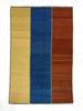 Rectangular rug with yellow, blue, and orange stripes on a white background