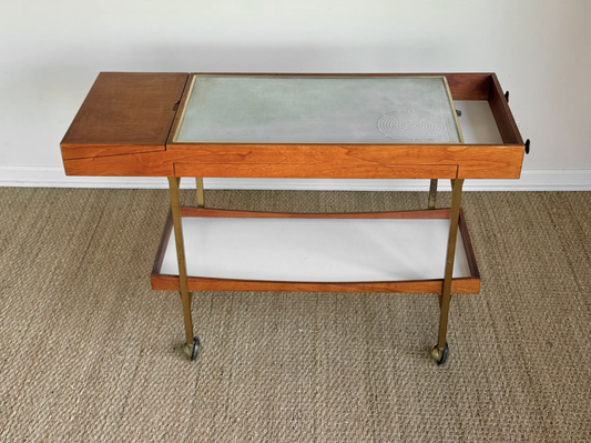 1996 Walnut and Brass Rolling Hot Tray Paul McCobb for Salton