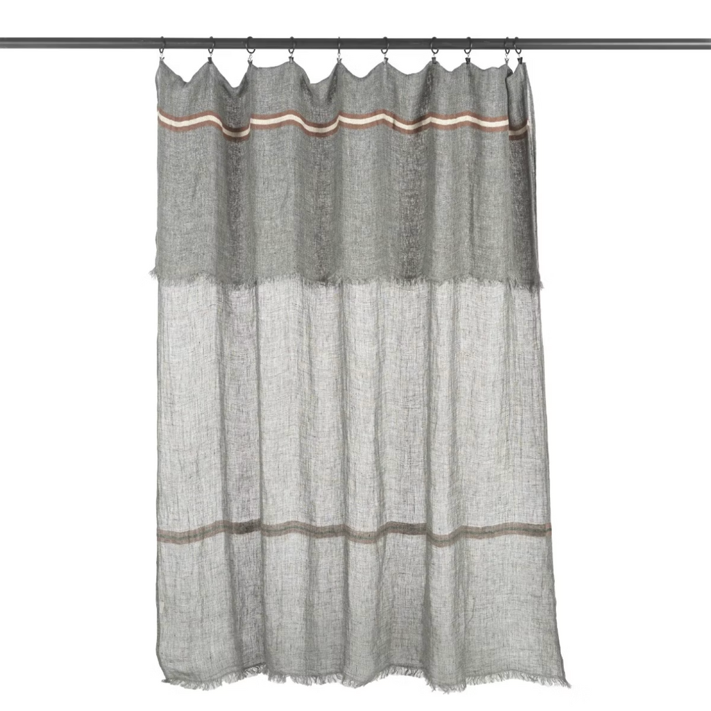 Gray linen curtain with decorative trim on a white background
