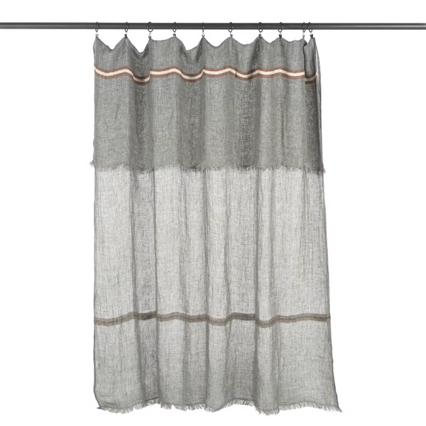 Gray linen curtain with decorative trim on a white background
