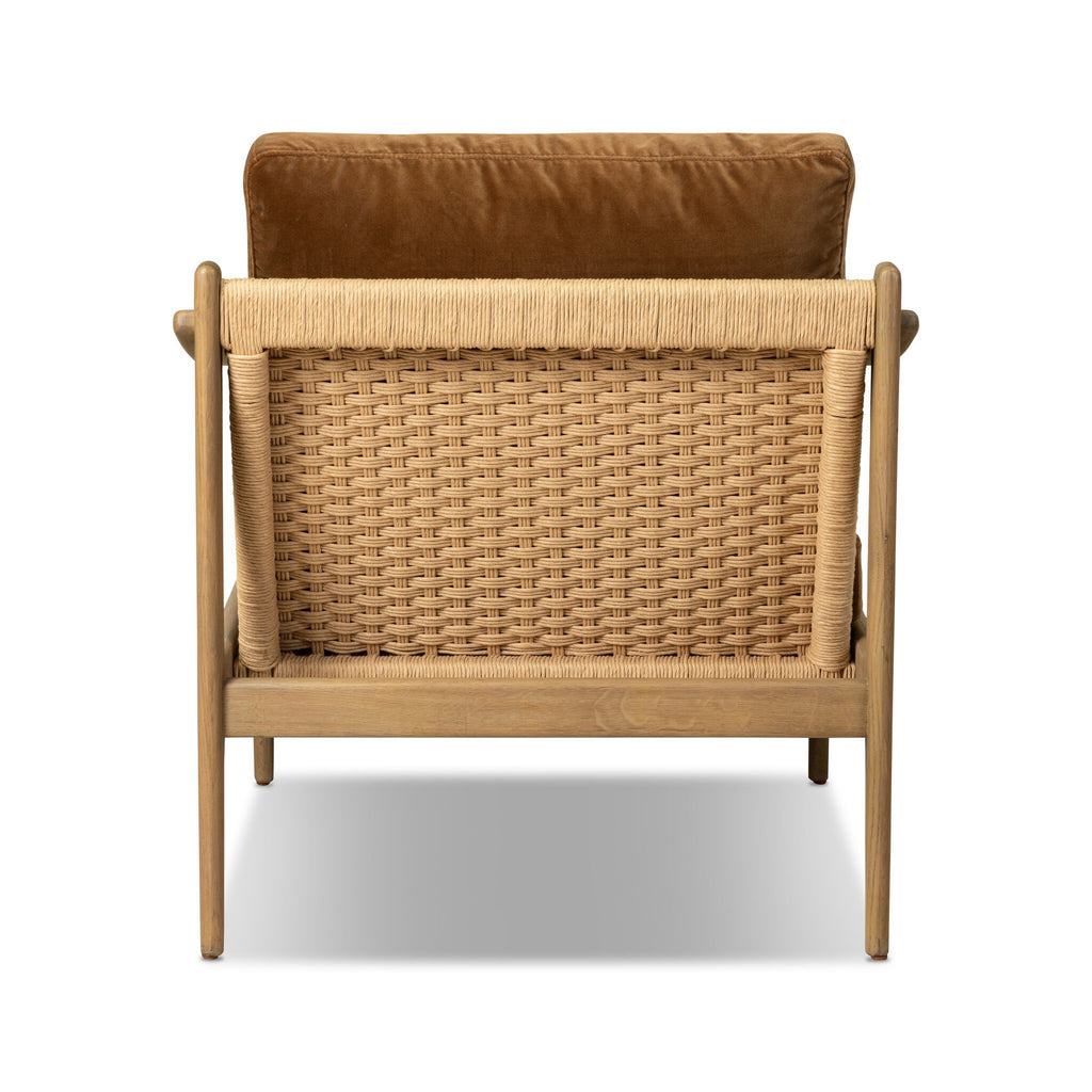 Paper cord chair with brown cushion on a white background