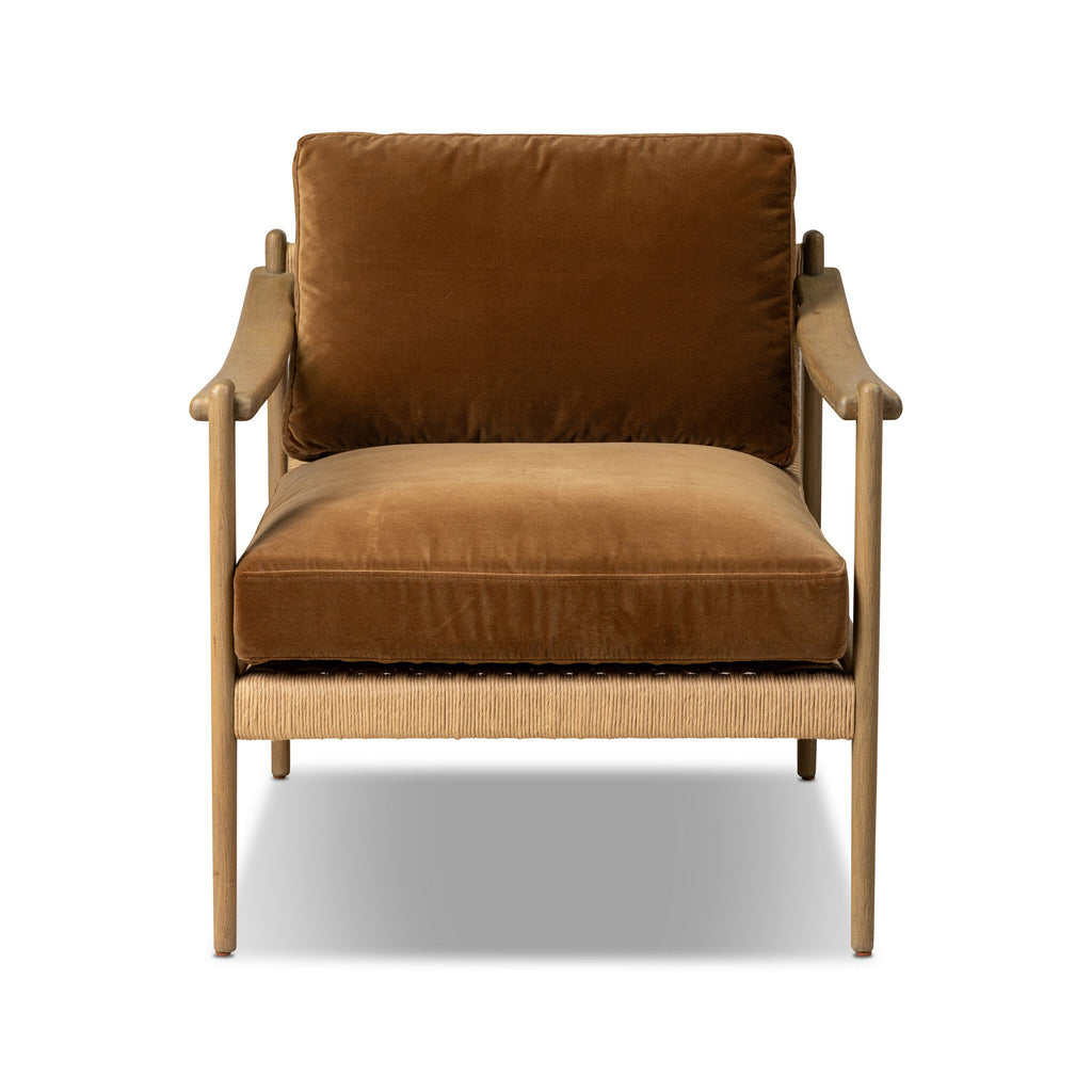 Brown armchair with wooden frame on a white background