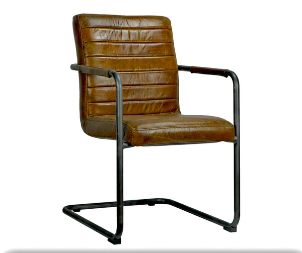 Brown leather chair with black metal frame on a white background
