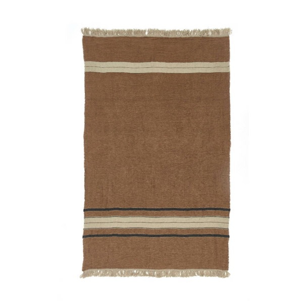 Brown textile blanket towel with horizontal stripes on a white background