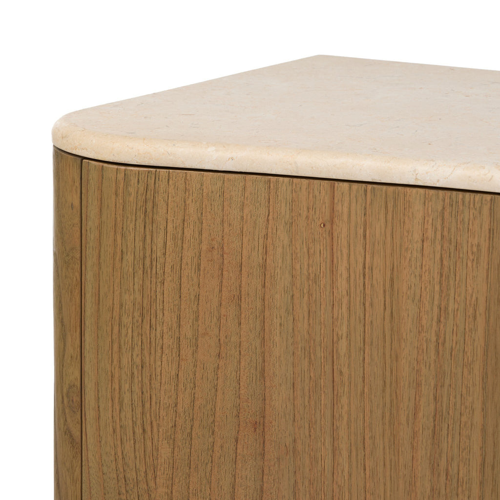 Wooden storage table with marble top on a white background