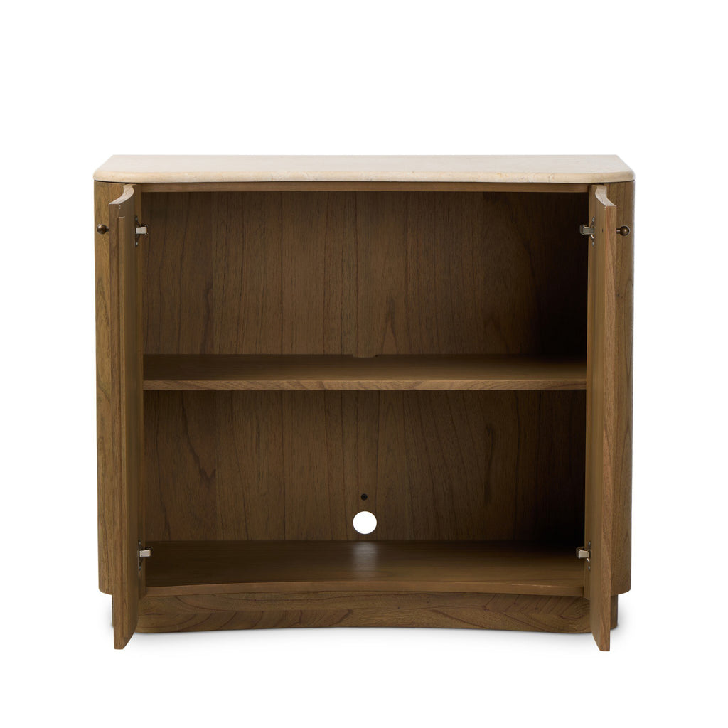 Wooden cabinet with two doors and two shelves on a white background