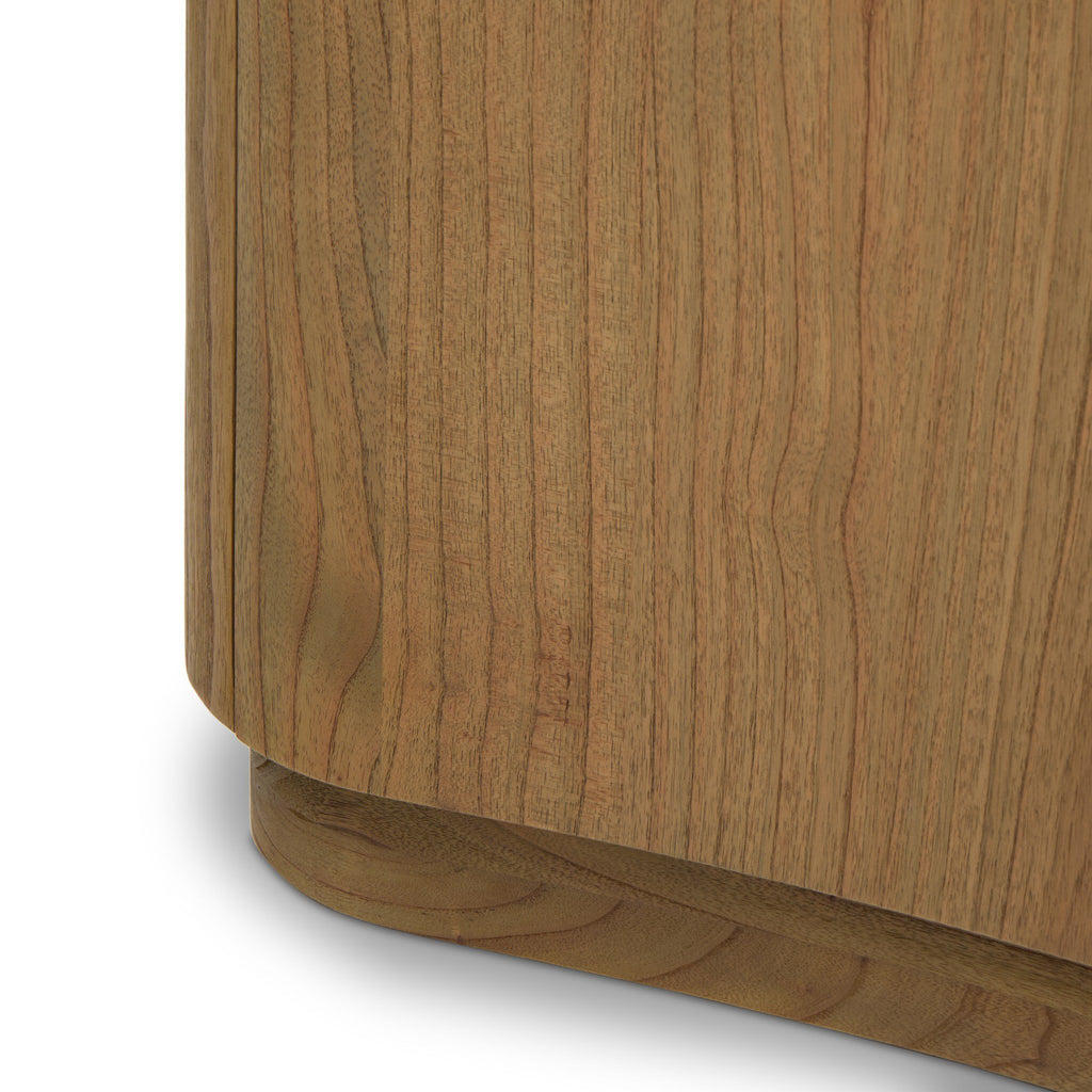 Close-up of a wooden side table storage cabinet with a white background