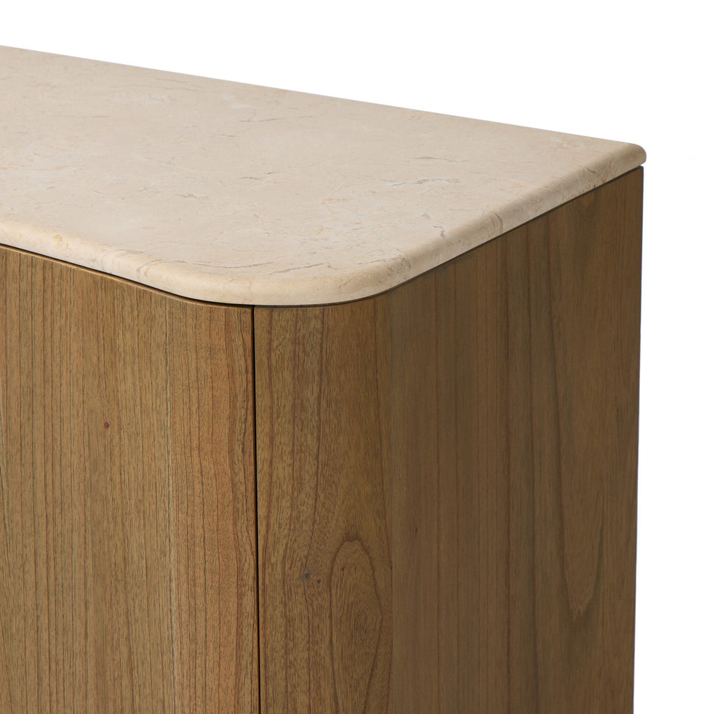 Wooden side table with marble top on a white background