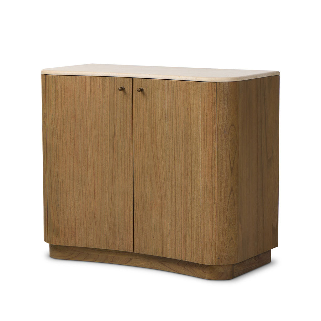 Wooden cabinet with two doors, marble top on a white background