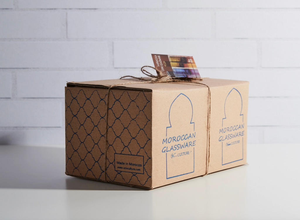 Cardboard box with 'Moroccan Glassware' branding on a white background