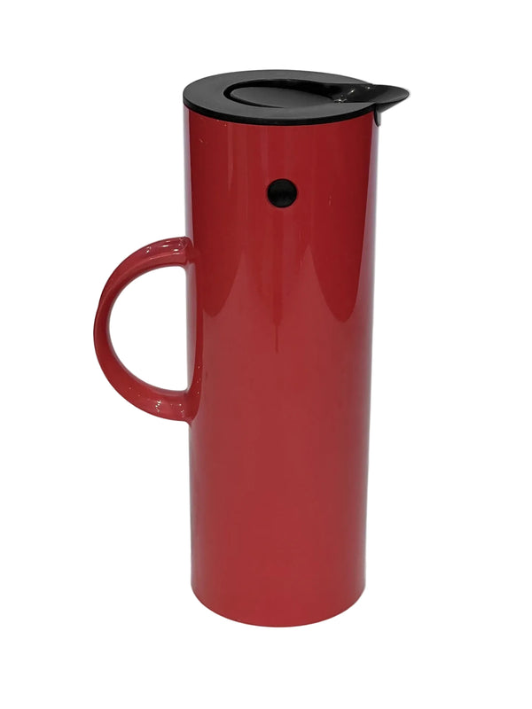 Red thermos with black lid on a white background