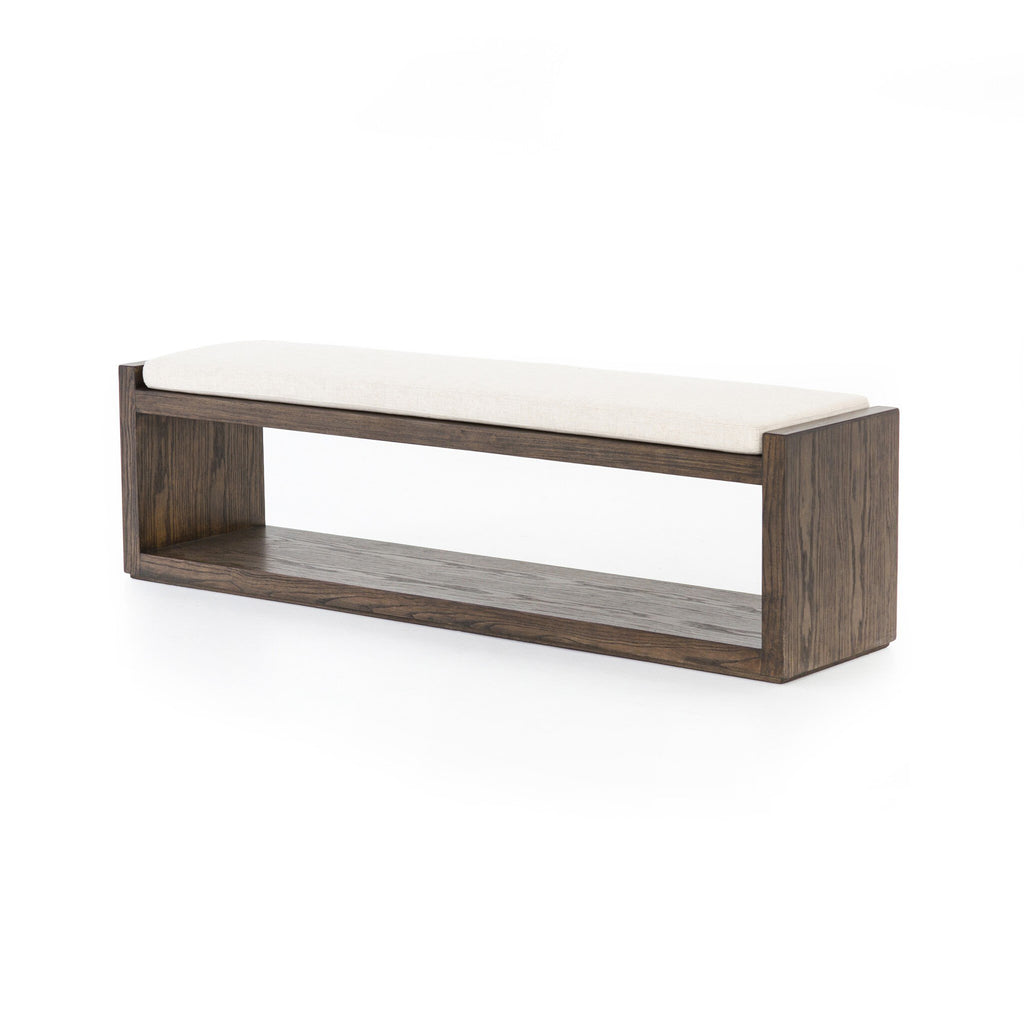 Wooden bench with a white cushion on a white background