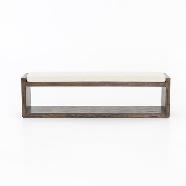 Wooden bench with white cushion on a white background