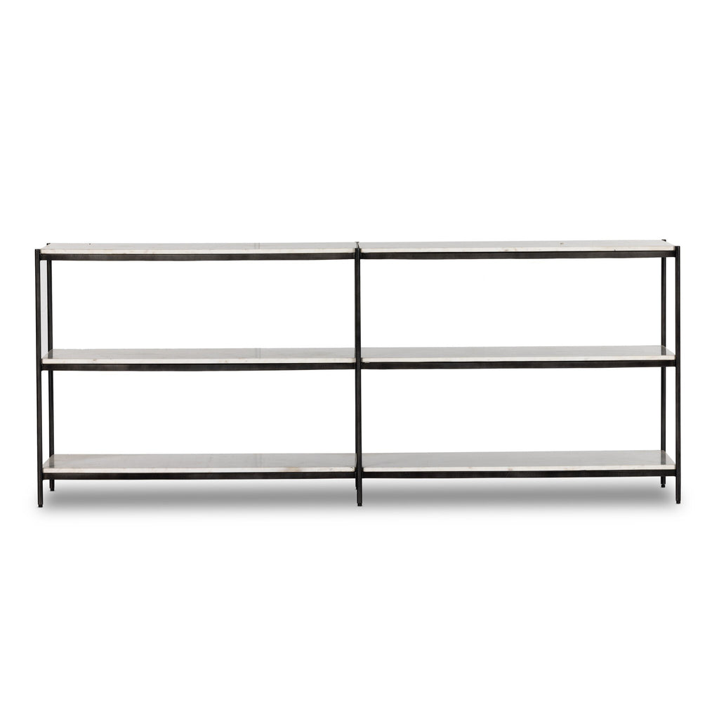 Modern metal console table with glass shelves on a white background