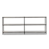 Modern metal console table with glass shelves on a white background