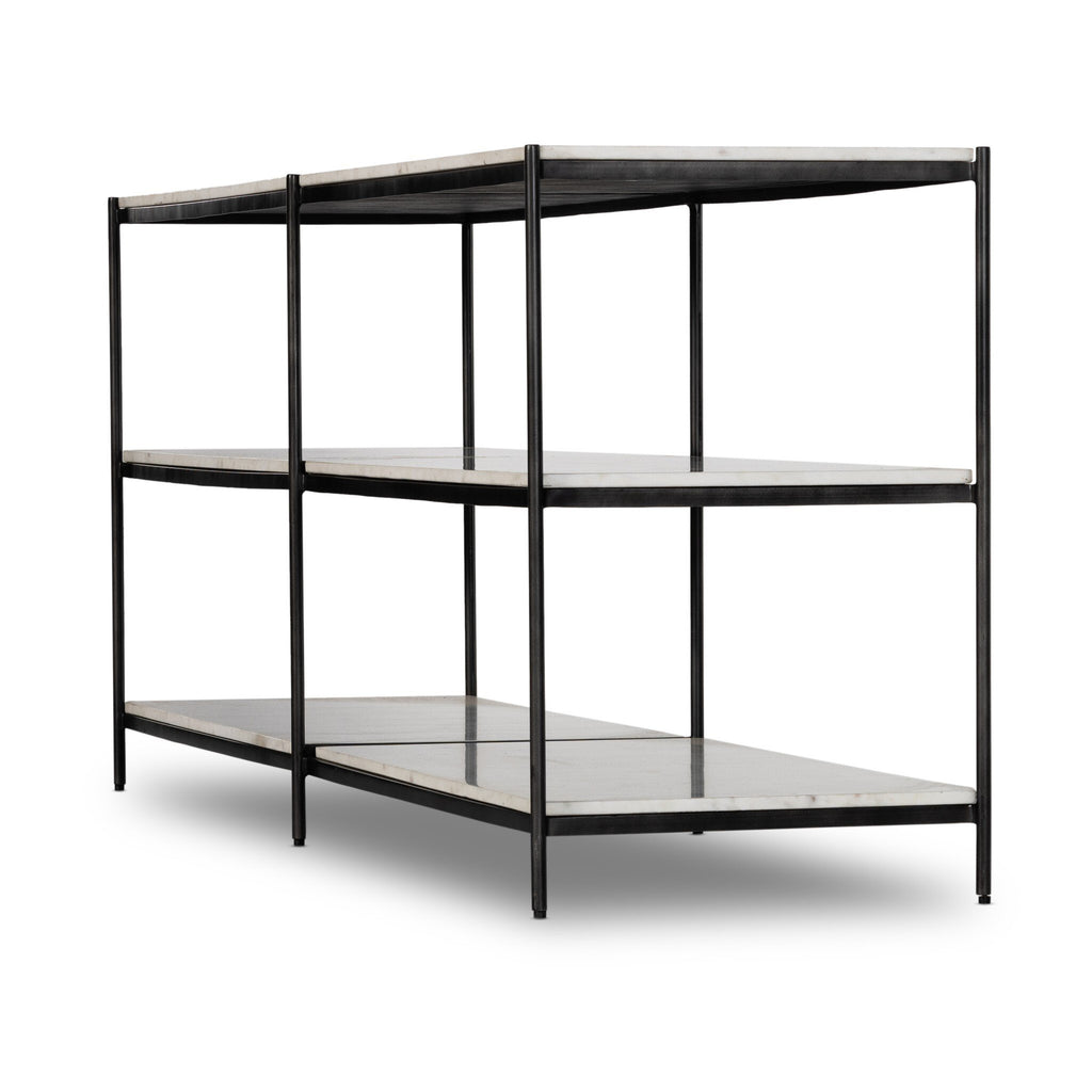 Black metal shelving unit with marble shelves on a white background