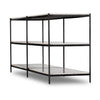 Black metal shelving unit with marble shelves on a white background