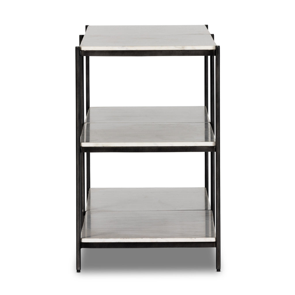 Three-tiered metal shelf with black frame and white shelves on a white background
