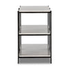 Three-tiered metal shelf with black frame and white shelves on a white background