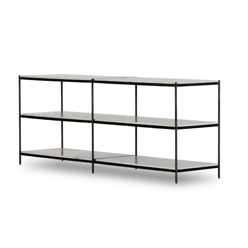 Modern TV stand with black frame and glass shelves on a white background