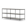 Modern TV stand with black frame and glass shelves on a white background