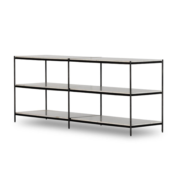 Modern TV stand with black frame and glass shelves on a white background