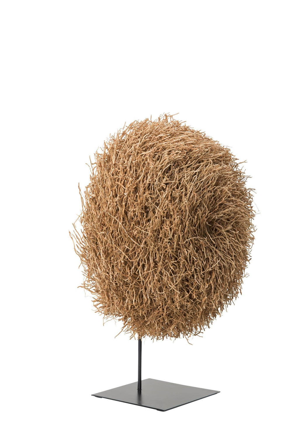 Decorative sphere made of natural twigs on a black stand against a white background