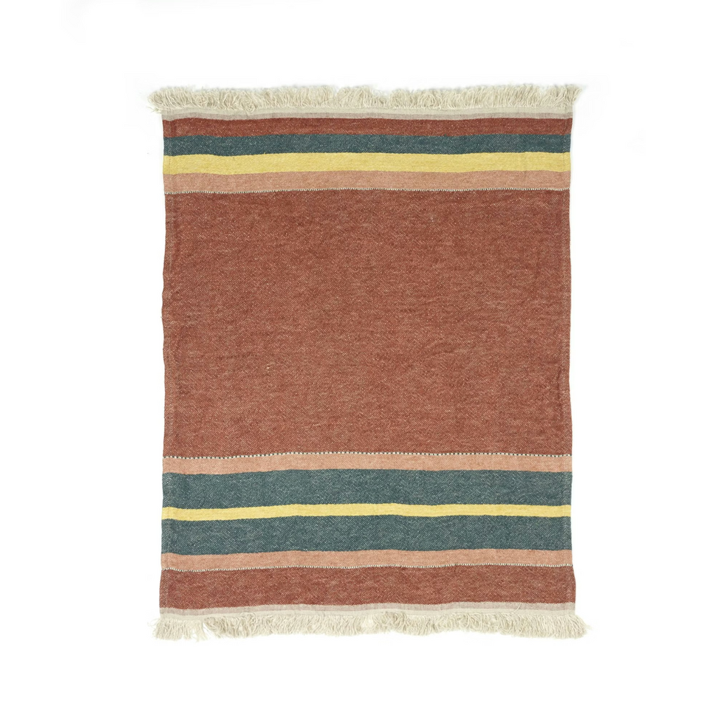 Striped rug with brown, yellow, and blue pattern on a white background