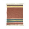 Striped rug with brown, yellow, and blue pattern on a white background