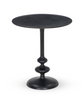 Black side table with a round top and textured base on a white background