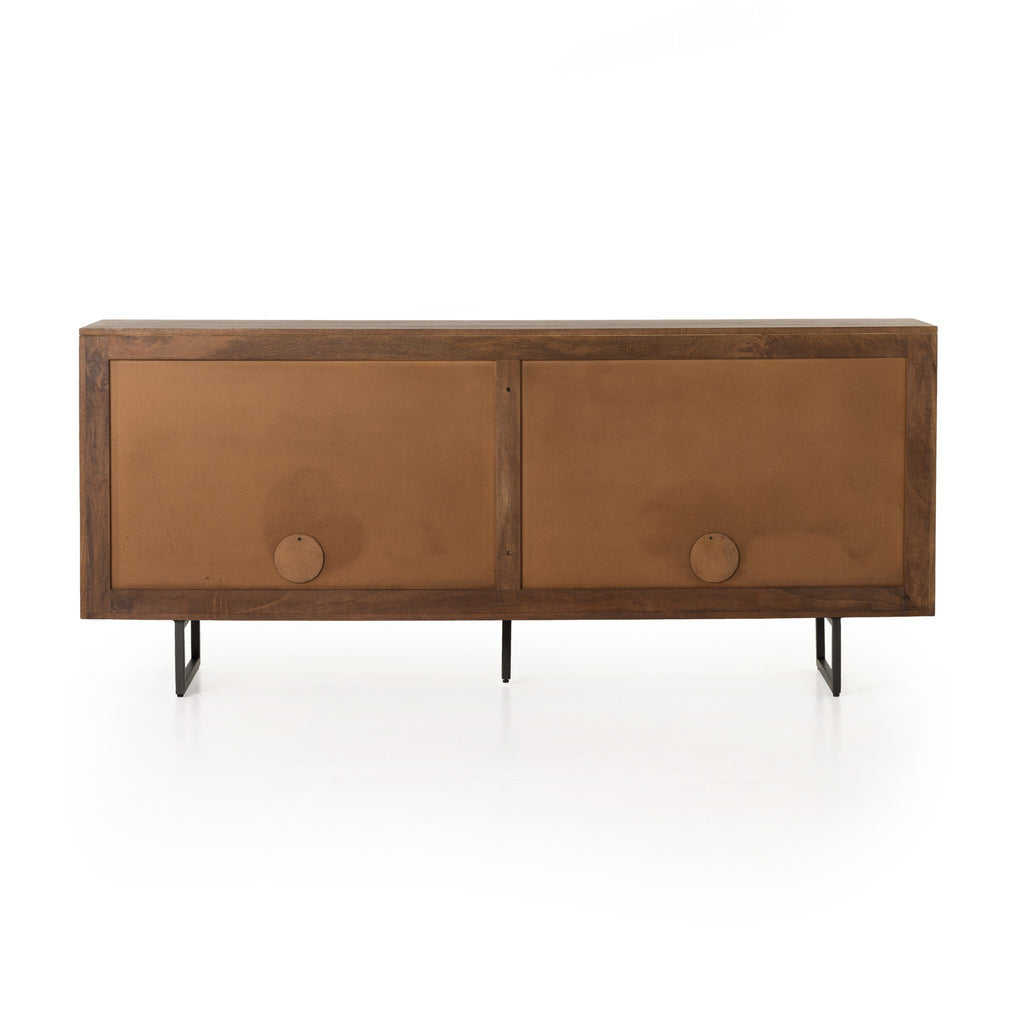 Wooden sideboard with two doors on a white background