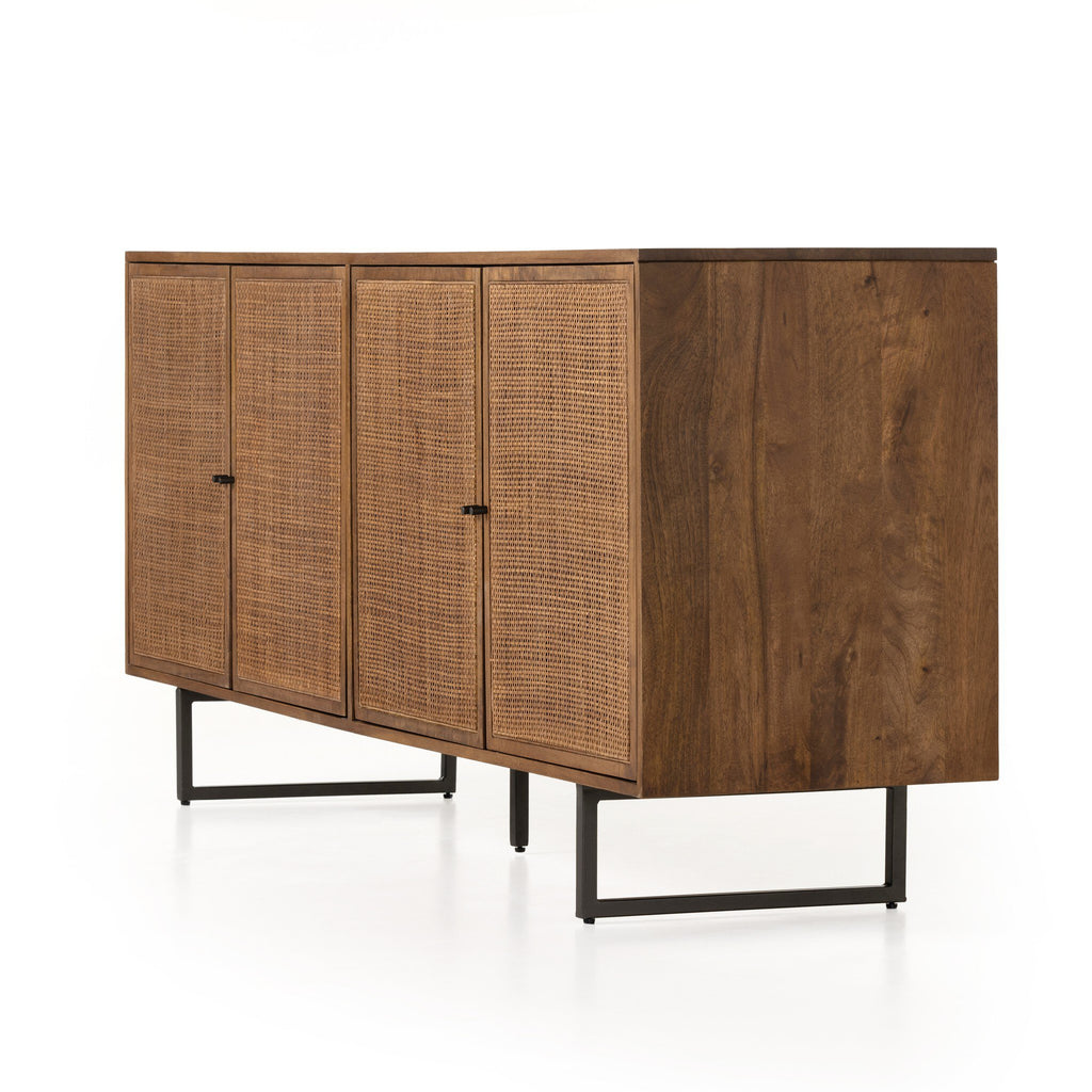 Wooden cabinet with wicker doors on a white background