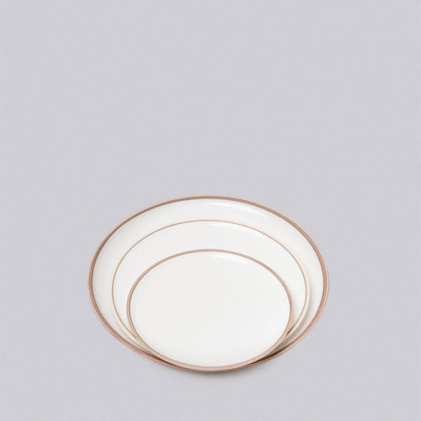 Set of three white plates with gold rims on a light gray background