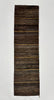 Long rectangular brown rug with gold stripes on a white background