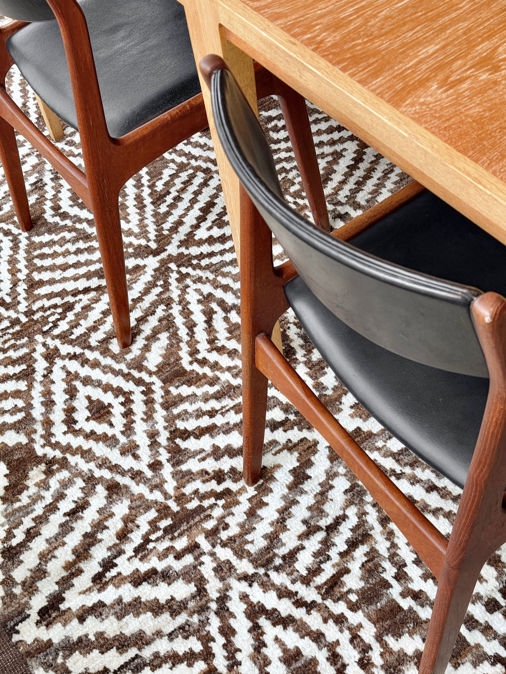 Dining table with chairs on a patterned rug
