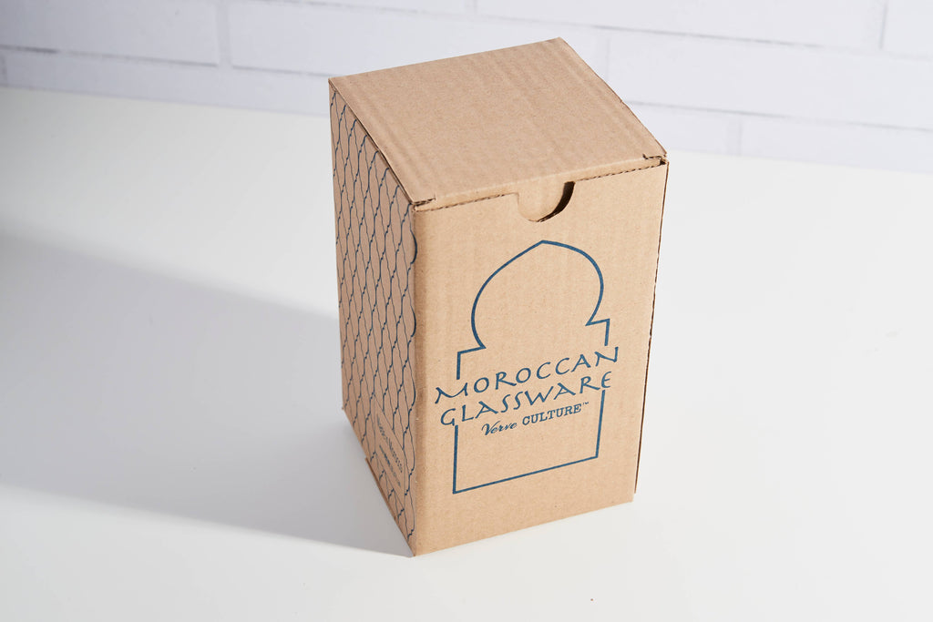 Cardboard box with 'Moroccan Glassware' branding on a white background