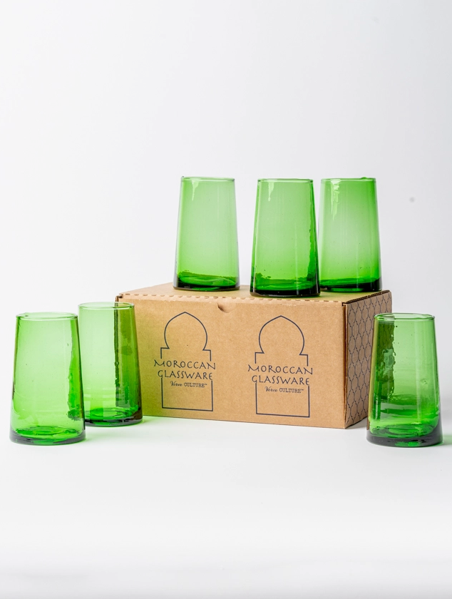 Set of green glass tumblers with a cardboard box labeled 'Moroccan Glassware' on a white background.