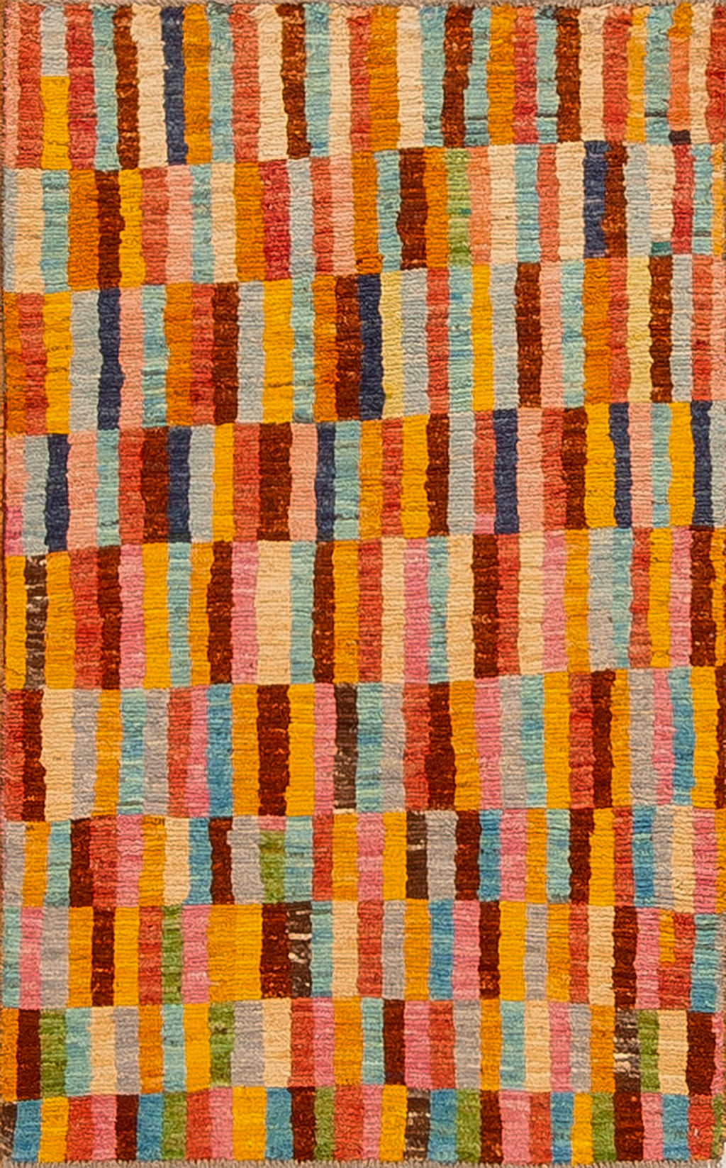 Multicolored striped patterned rug with various colors.