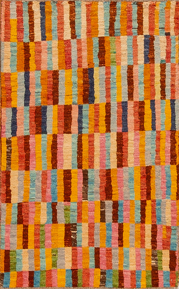 Multicolored striped patterned rug with various colors.