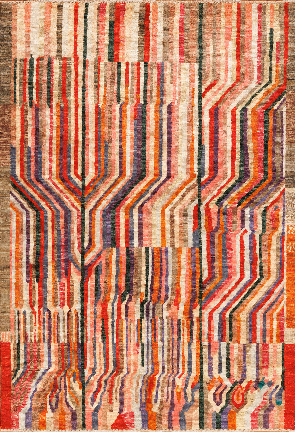 Multicolored geometric patterned rug with vertical stripes.