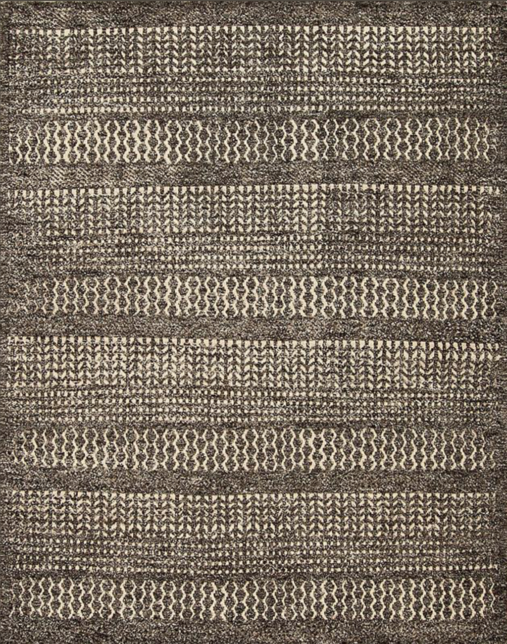 Textured area rug with a geometric pattern in brown and beige tones.