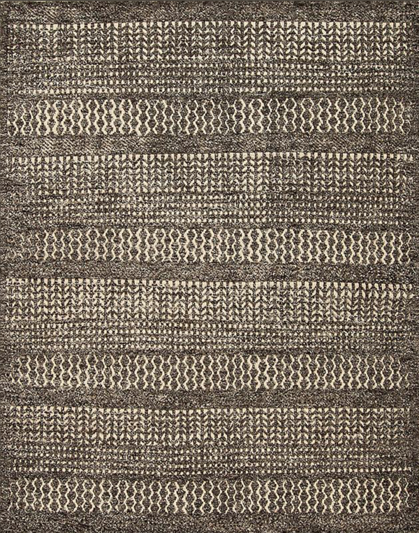 Textured area rug with a geometric pattern in brown and beige tones.