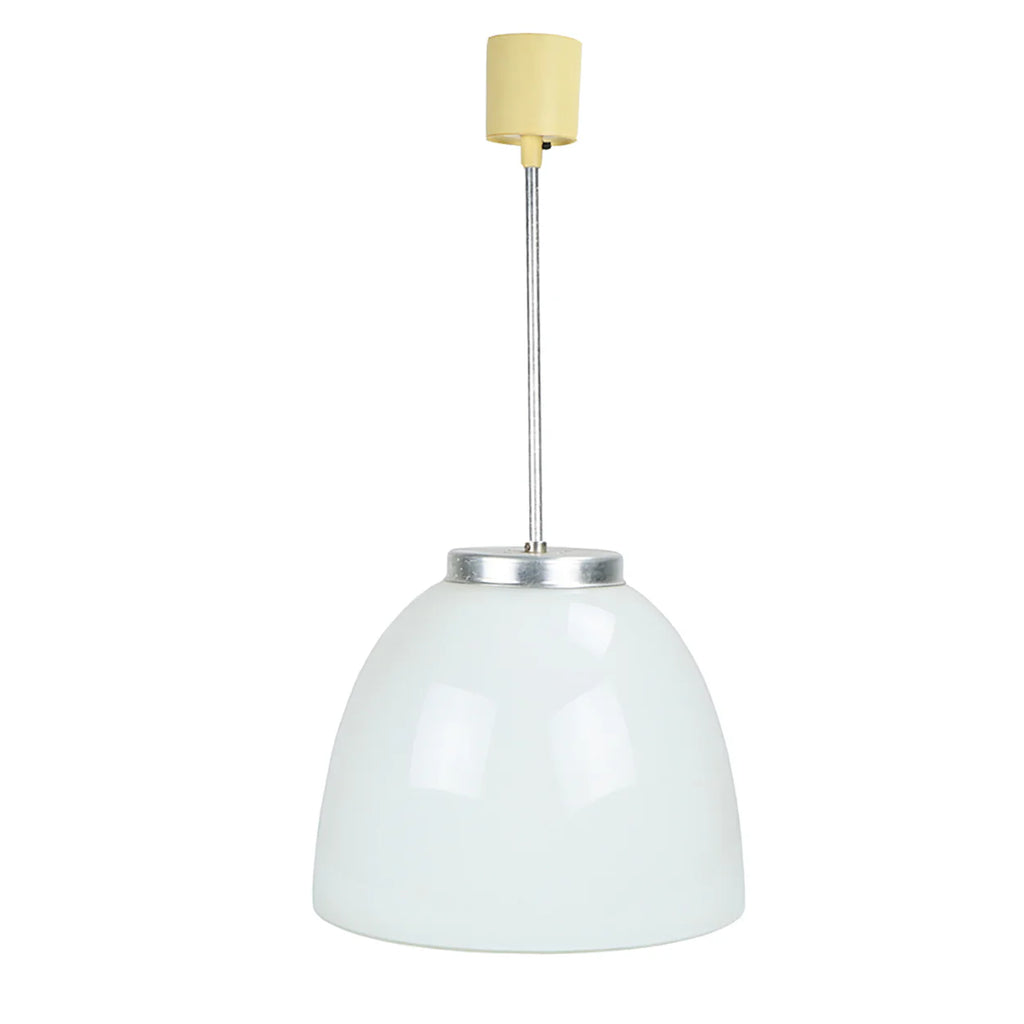 Pendant light with white glass shade and beige fixture on a white background