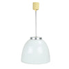 Pendant light with white glass shade and beige fixture on a white background