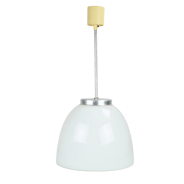 Pendant light with white glass shade and beige fixture on a white background