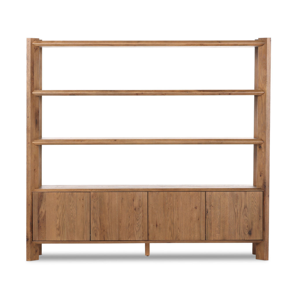 Wooden bookshelf with four shelves and two doors on a white background