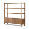 Wooden bookshelf with multiple shelves on a white background