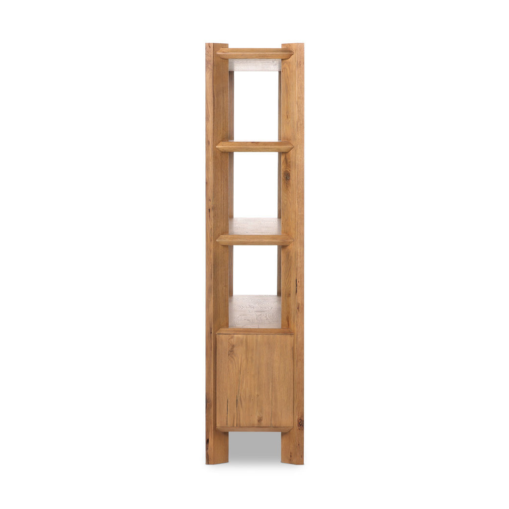 Wooden bookshelf with glass panels on a white background