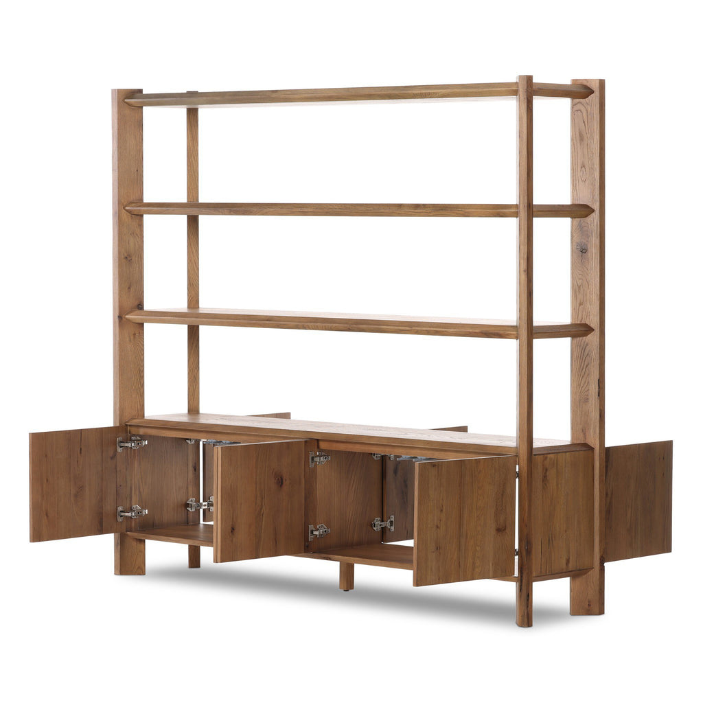 Wooden bookshelf with open doors on a white background